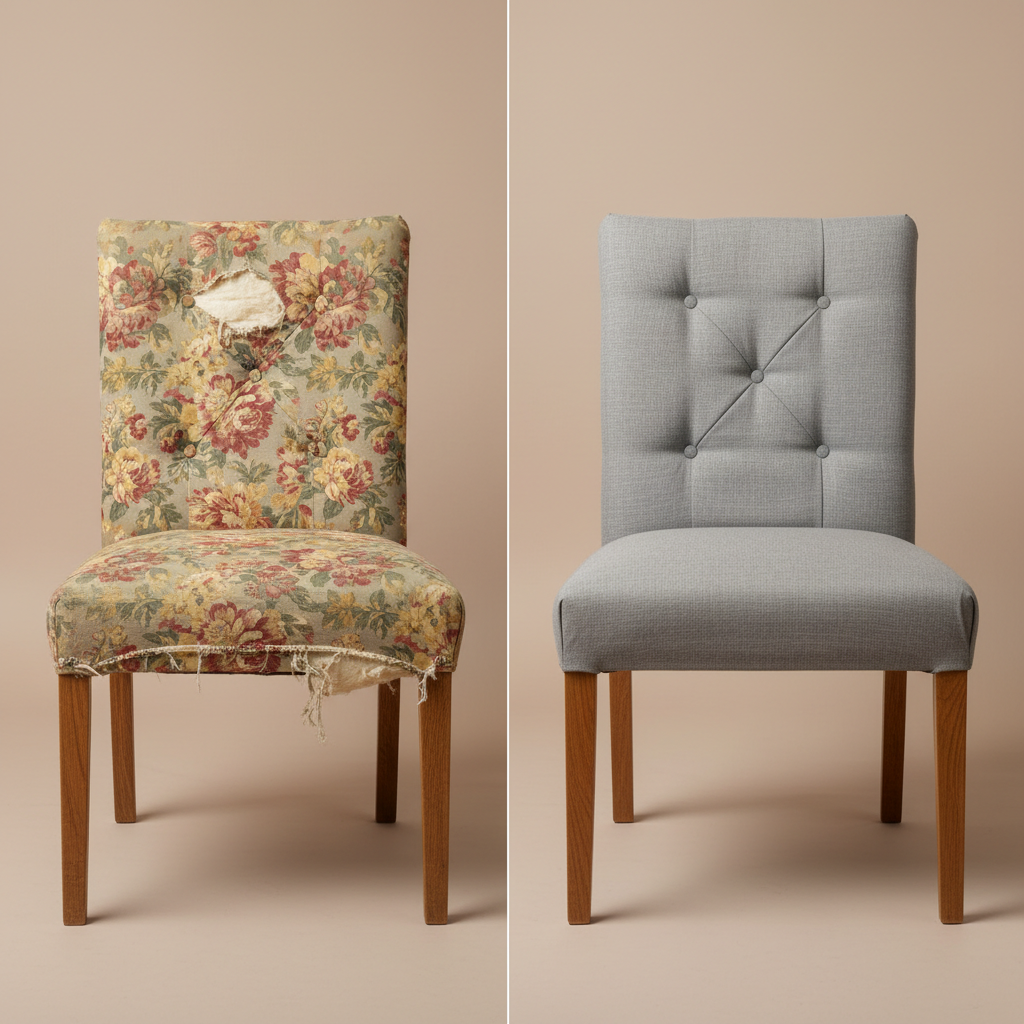 A side-by-side before-and-after presentation of the same vintage dining chair, left side sagging and faded with torn floral fabric, right side impeccably reupholstered in a contemporary dove-grey linen with precise buttoning and firm seat. The chair is positioned against a neutral, softly lit studio backdrop, with a thin, non-text label-free divider subtly separating the two versions. Overhead diffused lighting eliminates harsh shadows, enhancing texture contrast between the worn and renewed surfaces. Captured straight-on with sharp focus throughout, the composition is balanced and educational, clearly showcasing the transformation and craftsmanship while maintaining a clean, professional photographic style for an upholstery restoration portfolio page.