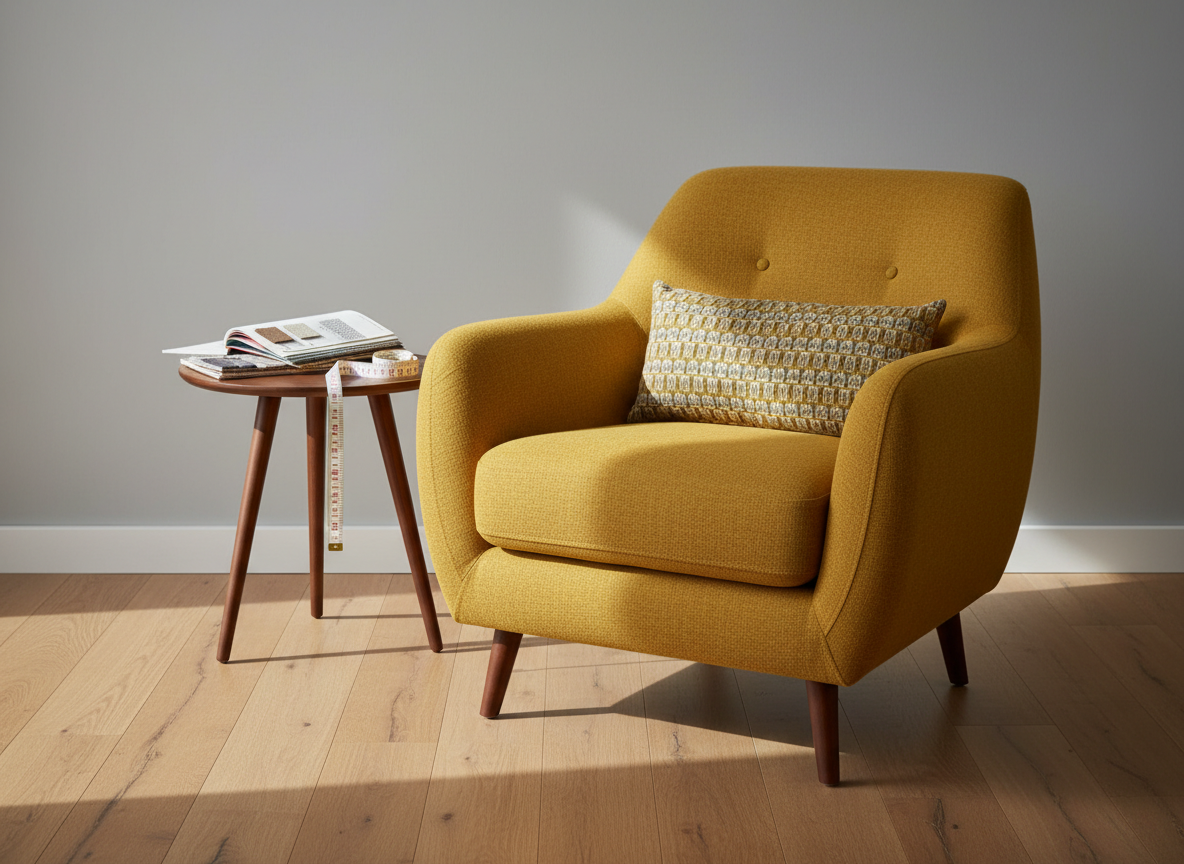 An inviting corner vignette featuring a single statement armchair reupholstered in a bold, yet tasteful, mustard-yellow wool fabric, set beside a small, round, mid-century side table holding a fabric sample book and a vintage measuring tape. The chair’s seat and back show smooth, even tension with flawless seams and perfectly aligned pattern on a coordinating cushion. The setting is a minimal, light grey wall with warm oak flooring, suggesting a Hampshire home interior. Late afternoon natural light filters in from an unseen window, casting soft shadows that add depth without distraction. Photographed from a slightly elevated angle with moderate depth of field, the image has a clean, modern, professional look ideal for a contact or enquiry page hero image.