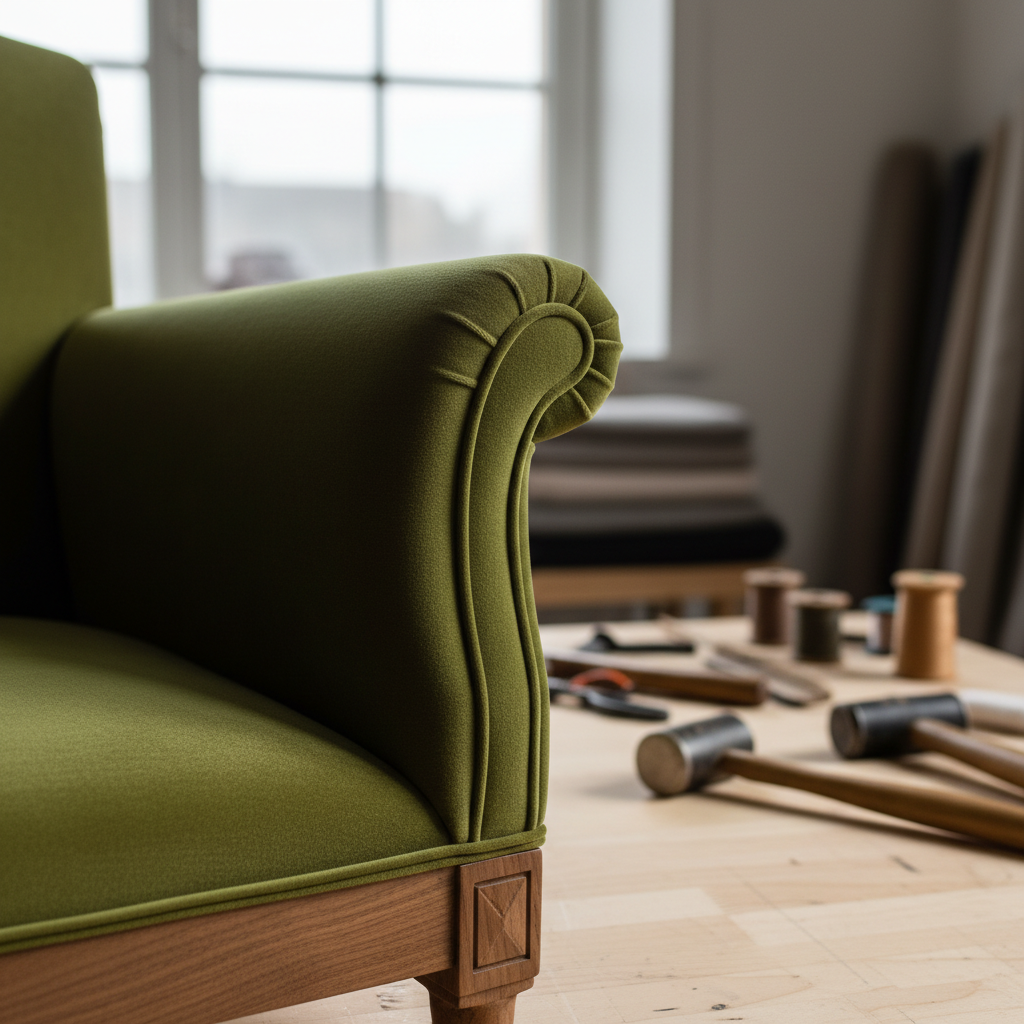 A close-up detail shot of skilled upholstery work on an antique armchair: the camera focuses tightly on the crisp double piping, neat corner folds, and carefully tensioned fabric in a rich olive-green velvet. The underlying carved wooden frame, finished in a warm walnut tone, peeks from beneath the upholstery, showing restored edges and subtle grain. The chair sits on a simple wooden bench in a tidy workshop, with muted tools and fabric rolls softly blurred in the background. Gentle side lighting from a workshop window creates soft shadows that emphasize texture and precision. Photographic realism, shallow depth of field, and a calm, meticulous mood emphasize quality craftsmanship for a services or process page.