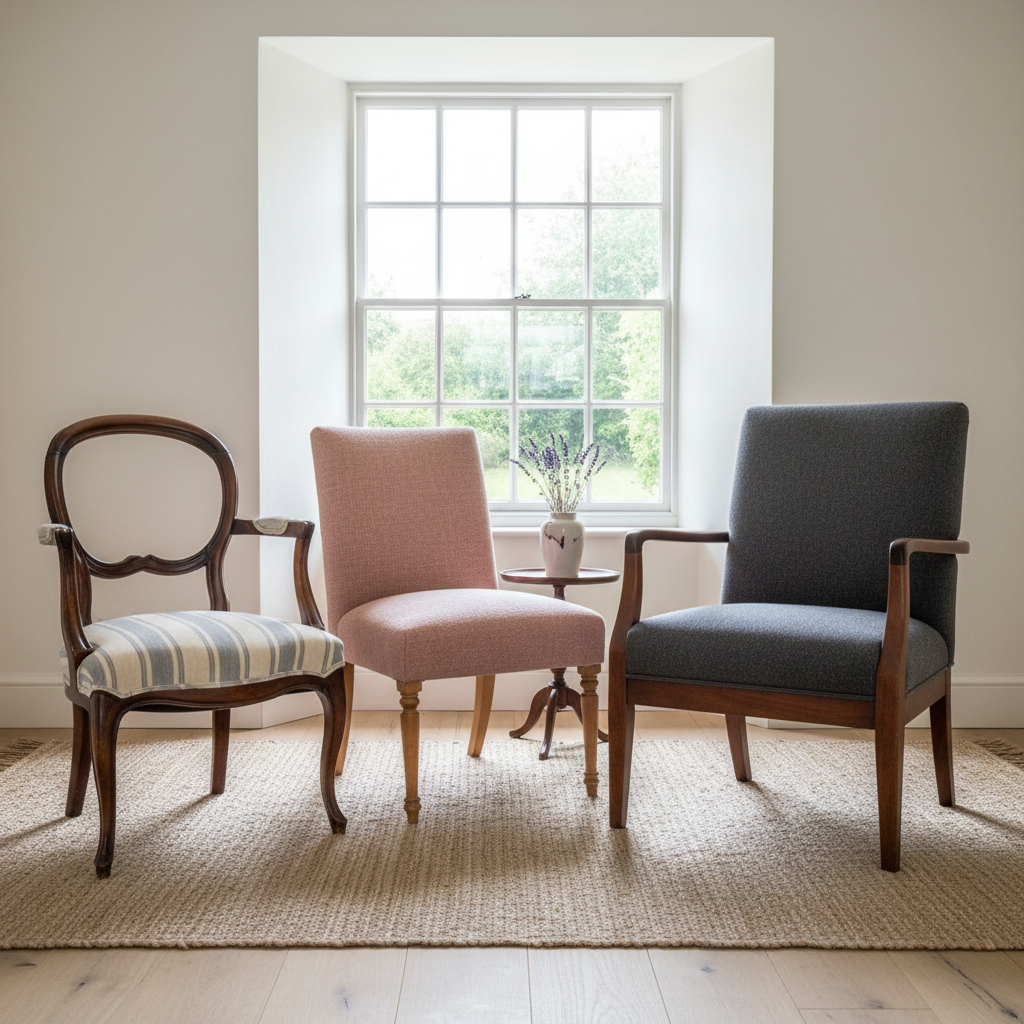 A small collection of three rescued antique chairs arranged in a tasteful Hampshire cottage interior: a Victorian balloon-back chair in striped linen, an Edwardian nursing chair in soft rose tweed, and a classic club chair in charcoal wool. Each piece shows carefully restored woodwork and thoughtfully chosen modern fabrics that harmonize yet remain distinct. They are grouped on a pale oak floor near a large sash window, with a simple woven rug beneath. Overcast daylight bathes the scene in even, diffused light, creating a serene, sustainable-living atmosphere. Shot at eye level with balanced composition and sharp focus, the photographic style feels aspirational yet authentic for a gallery highlighting antique chair rescue and revival.