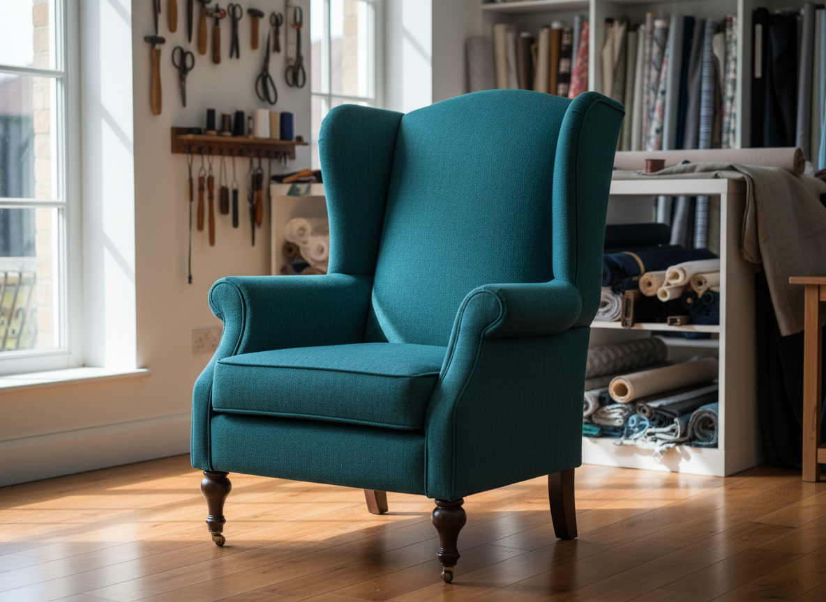 A beautifully restored antique wingback armchair upholstered in deep teal herringbone wool, its high back and curved arms showing crisp new padding and flawless piping. The chair stands on refinished dark oak legs with a subtle satin sheen, placed in a light-filled Hampshire workshop with neatly arranged rolls of fabric and tools blurred in the background. Soft natural daylight from a large side window creates gentle highlights on the textured fabric and warm reflections on the timber floor. Photographed at eye level with a slight angle to reveal the seat and back, using shallow depth of field for a clean, professional, photographic realism suited to a premium upholstery business homepage.