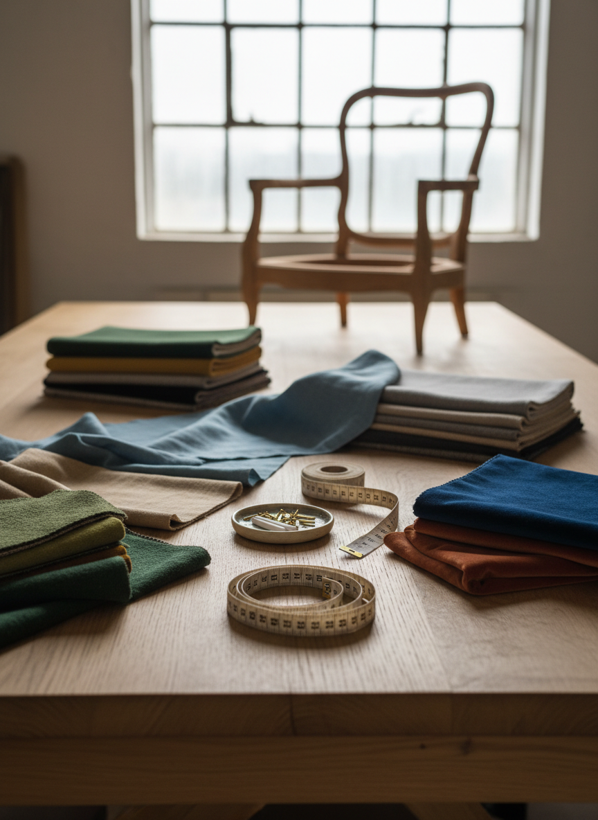 A neatly organized upholstery consultation scene laid out on a broad oak worktable: stacked swatch books of wool, linen, and velvet in earthy and coastal tones, a tape measure gently coiled, chalk, webbing, and brass upholstery tacks arranged in a tidy tray. In the background, softly out of focus, the silhouette of an elegant antique chair frame awaits restoration. Natural daylight from a high workshop window washes across the table, creating gentle highlights on textures and subtle shadows between the tools. Shot from a slightly elevated angle with shallow depth of field, the photographic realism and calm, professional mood suggest careful planning and personal service for customers considering new upholstery projects.